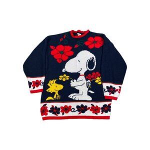 Vintage Snoopy And Friends Sweater Unisex Medium Blue Red Floral Tight Knit